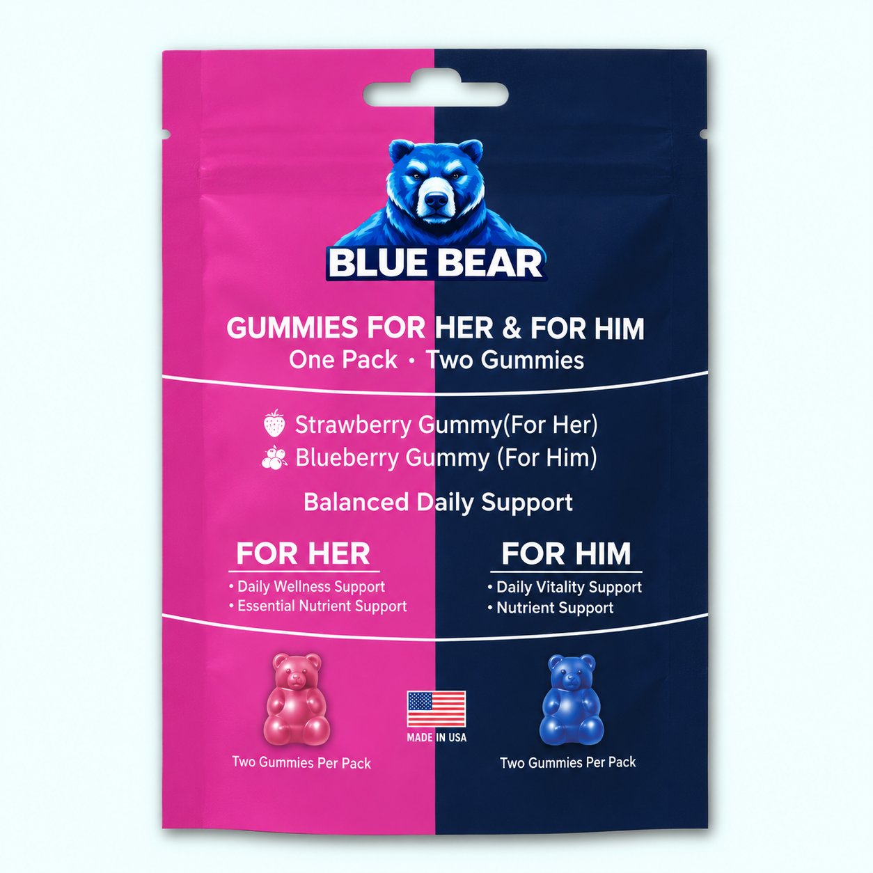 Close-up of the Blue Bear Gummies For Her & Him front label