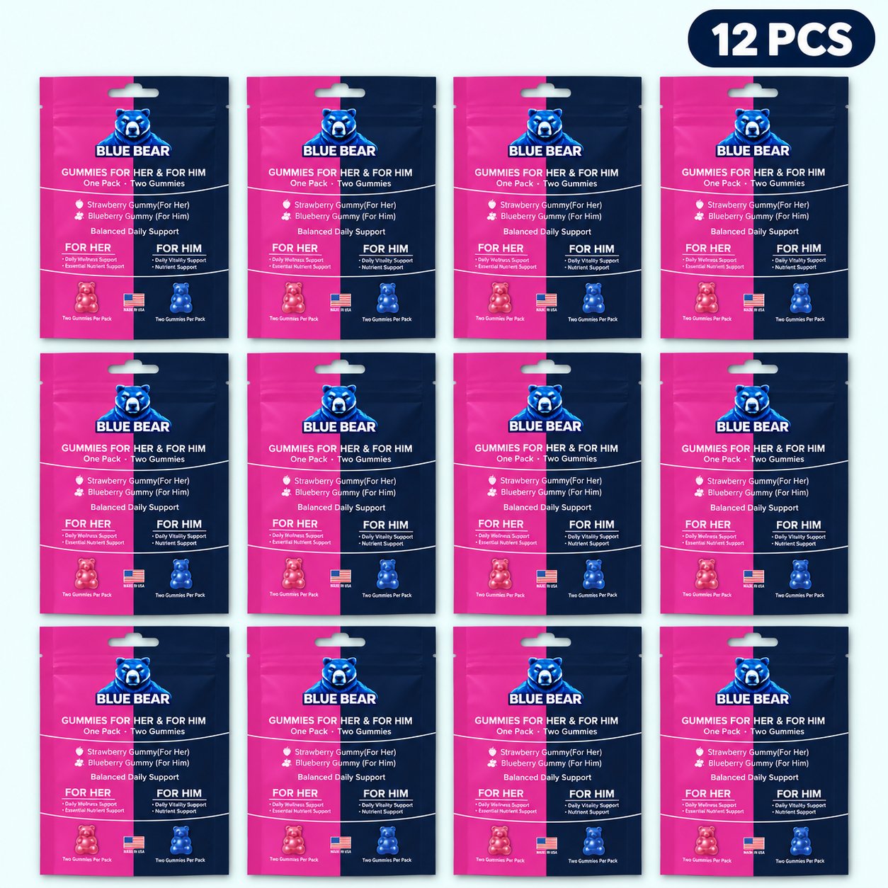 Blue Bear Gummies For Her & Him 12 PCS bundle showing twelve individual packs