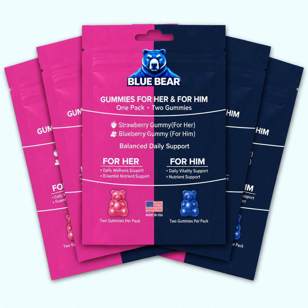 Blue Bear Gummies For Her & Him 5 PCS bundle label close-up