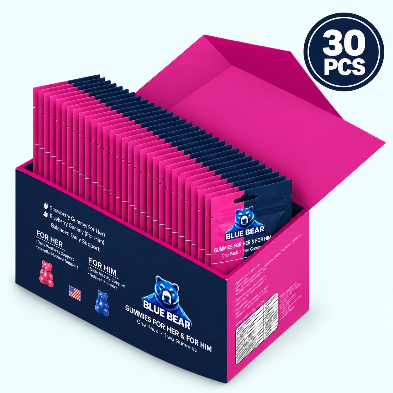 Blue Bear Gummies For Her & Him open box containing 30 individually sealed packs