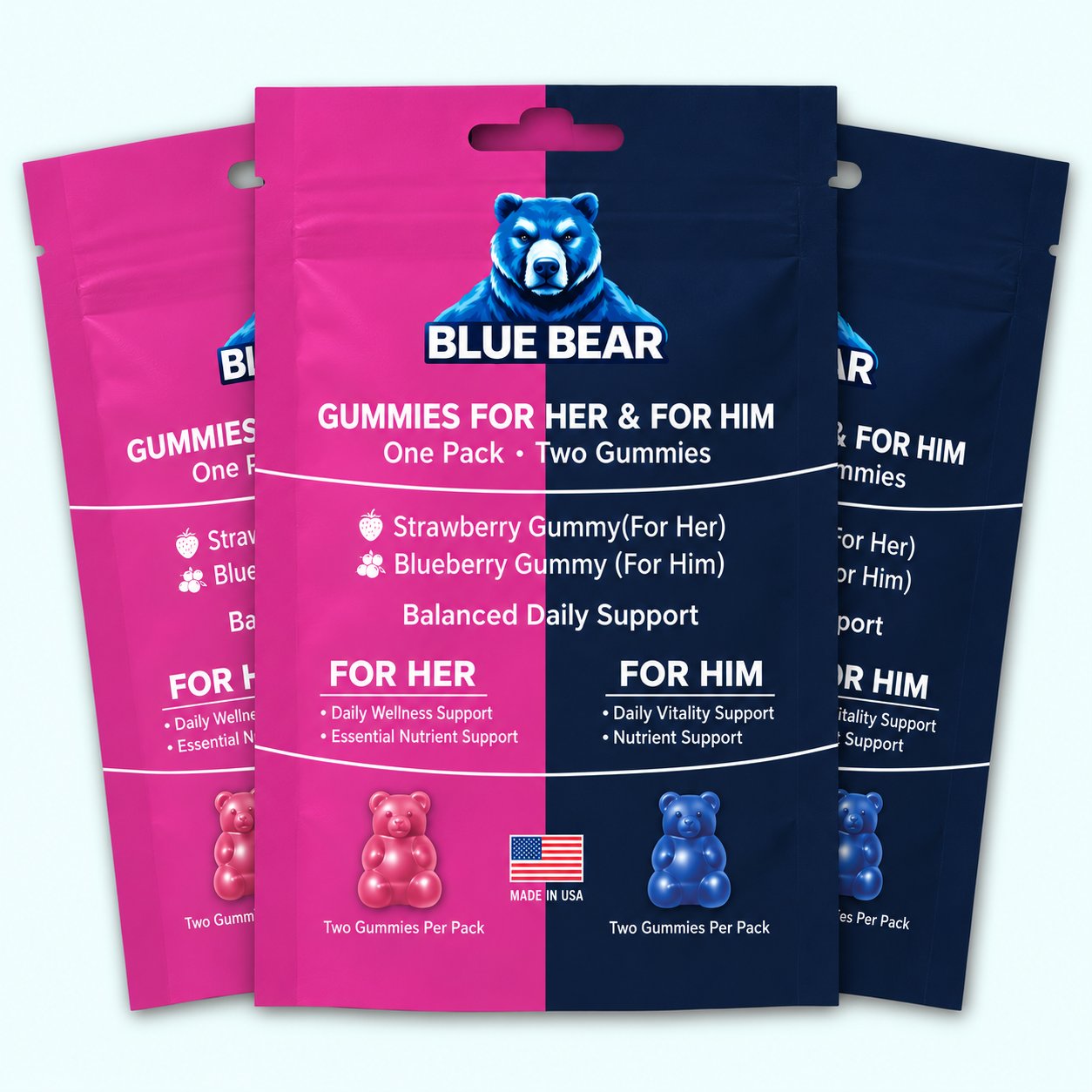 Blue Bear Gummies For Her & Him 3 PCS bundle label close-up