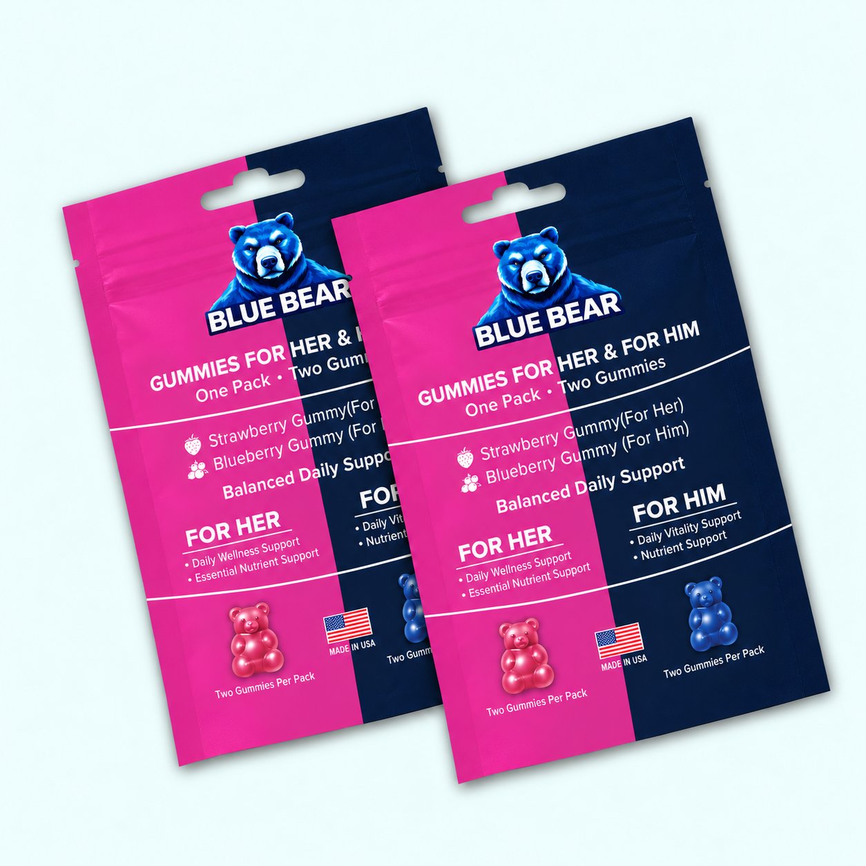 Blue Bear Gummies For Her & Him 2 PCS bundle label close-up